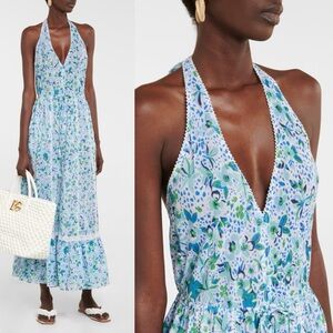 NEW Poupette St. Barth Carine Maxi Halter Floral Print Dress Coverup Blue Size S